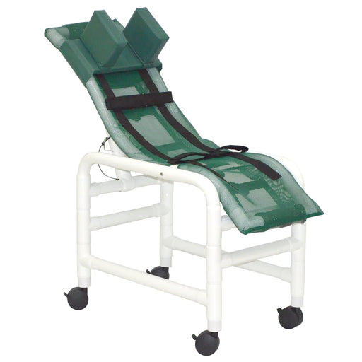 MJM International Medium Reclining Shower Chair With Base Extension Head Bolster Safety Strap And Twin Casters View