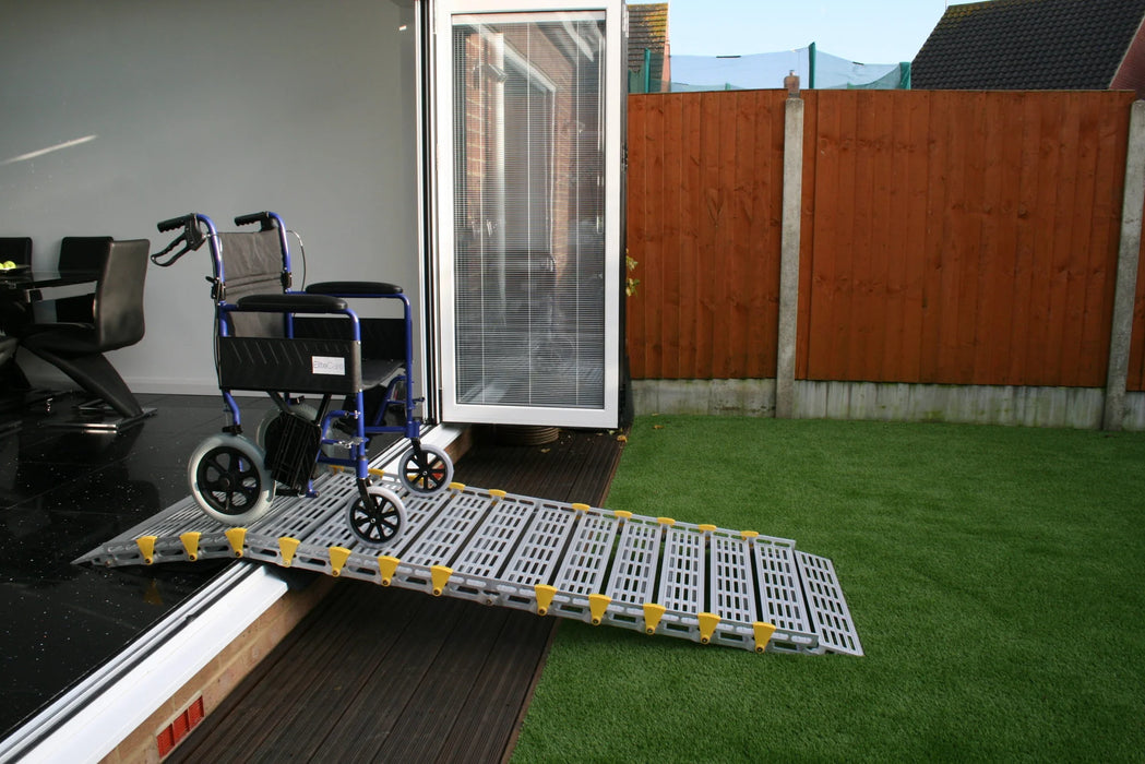 Roll-A-Ramp for wheelchair access to backyard over door threshold