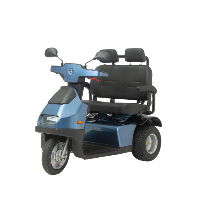 AFIKIM Blue Afiscooter S3 Dual Seat Outdoor Mobility Scooter Side Angle View