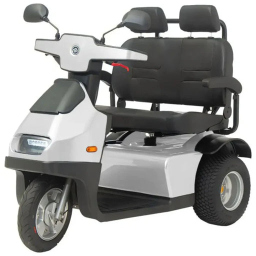 AFIKIM Silver Afiscooter S3 Dual Seat Outdoor Side Angle View for Two Person Mobility Scooter