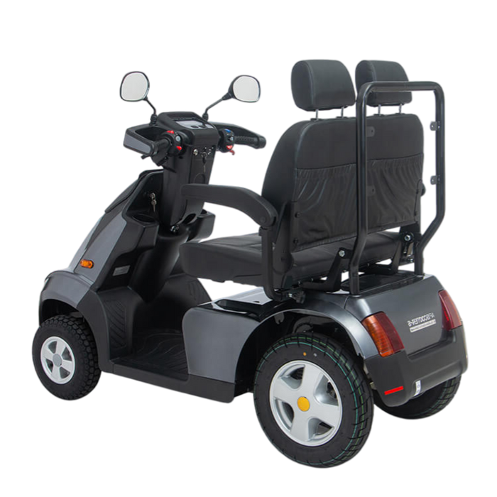 AFIKIM Silver Afiscooter S4 Dual Seat Outdoor Mobility Scooter With Armrest And Mirror Rear Side Angle View