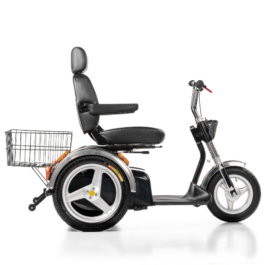 AFIKIM Silver Afiscooter SE Mobility Scooter Right Side Angle With Rear Basket View