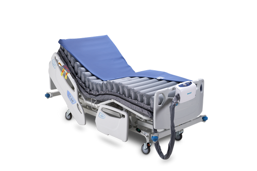 APEX Medical Wellell Domus 3 Alternating Pressure Mattress In Bed Frame Half Covered With Air Pump View