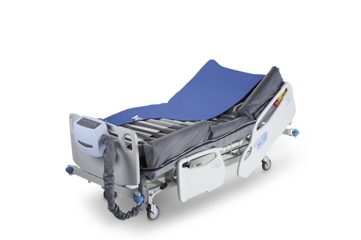 APEX Medical Wellell Optima Turn Lateral Rotation Pressure Relief Mattress In Bed Frame Half Covered With Air Cells And Air Pump View