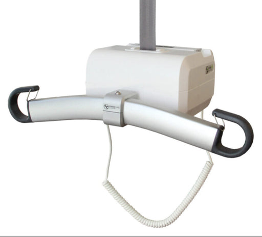 Front view of the Altair Patient Ceiling Lift featuring a sleek white motor unit and a heavy-duty spreader hanger bar designed for secure sling attachment.