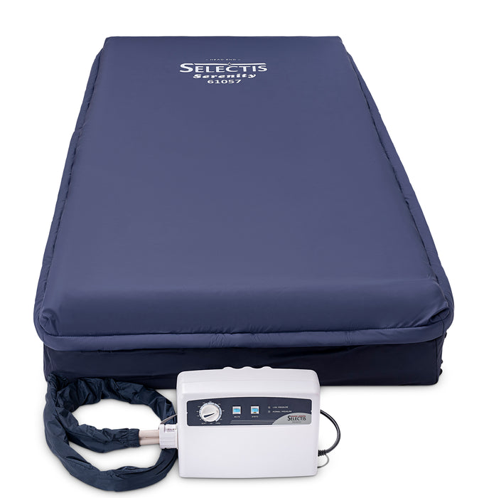 Dark Blue Emerald Alternating Pressure LAL Mattress System connected to Serenity Pump with complete air view