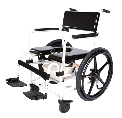 Altimate Medical ActiveAid 600 rehab shower commode chair with pan and footrests, shown from a front-side angle.