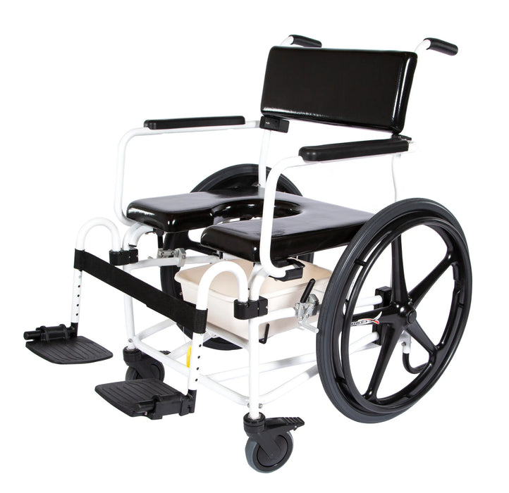 Altimate Medical ActiveAid 600 rehab shower commode chair with pan and footrests, shown from a front-side angle.