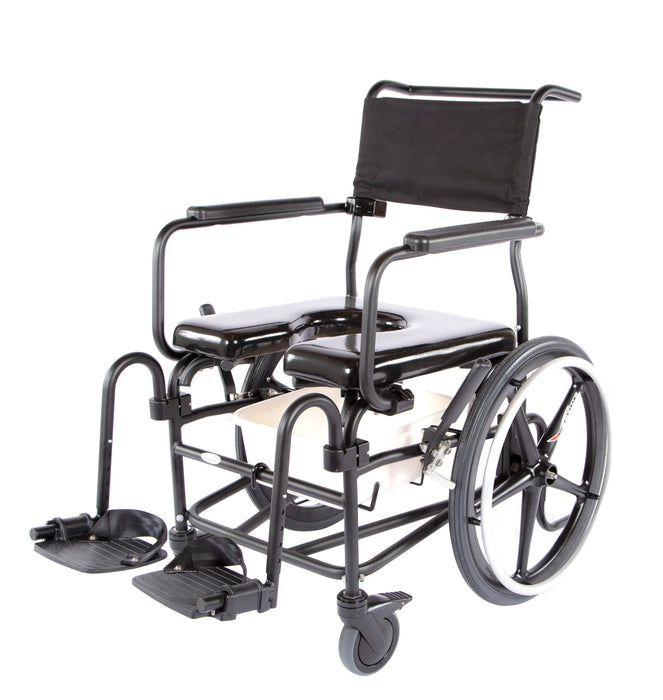 Front-side view of an Altimate Medical ActiveAid 600 Rehab Shower Commode Chair featuring a Sling Back, Stroller Handlebars, removable Pan, and adjustable Footrests.