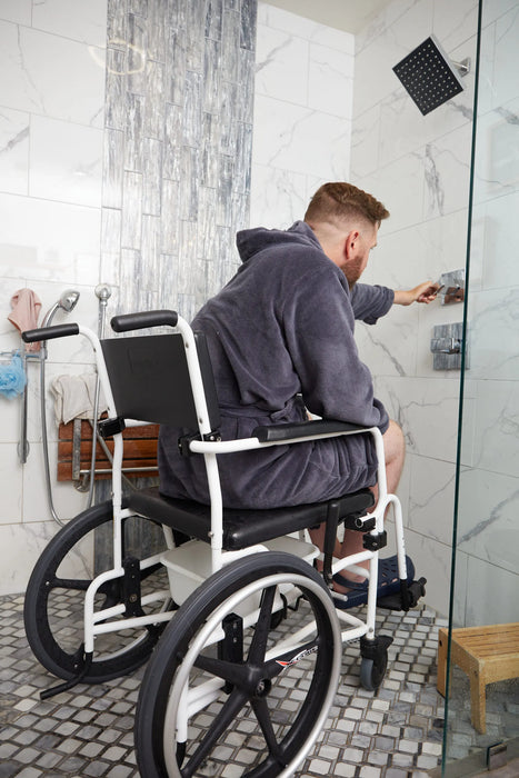 Rear Side View Of An Altimate Medical ActiveAid 600 Rehab Shower Commode Chair Highlighting User Independence And Frame Accessibility Within A Shower Stall.