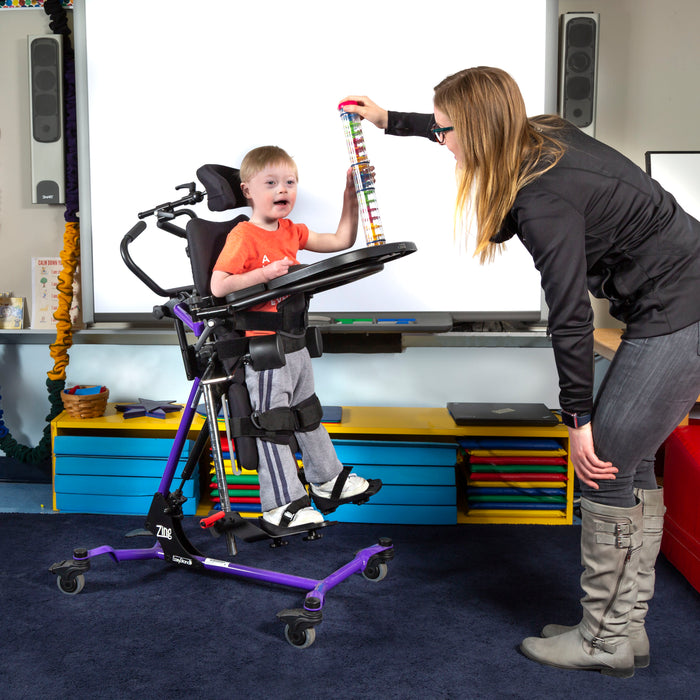 Altimate Medical Zing Supine Size 1 Pediatric Standing Frame Adjustable Supine-to-Vertical Positioning Playing with an Adult