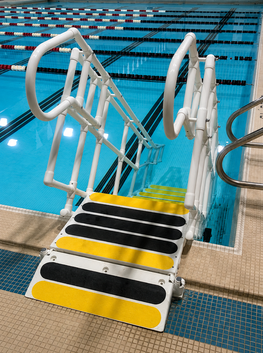  Side Image Of Aquatrek2 ADA Pool Access System Featuring Wide Steps And Secure Handrail Support