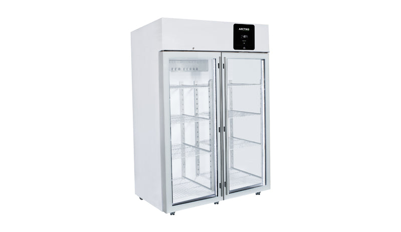 Side View Arctiko PR 1350 High-Capacity Upright Biomedical Refrigerator Energy-Efficient +2°C to +8°C Temperature Control with Glass Doors, Data Logger, Forced Air Cooling; Key Lock Security