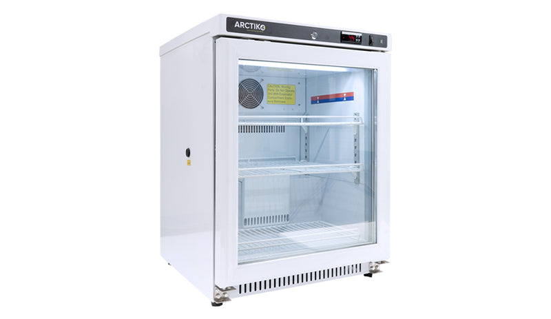Side View Arctiko PRE 125 US Small Undercounter Refrigerator 109L Glass Door Biomedical Fridge with Data Logger and Precise Temperature Control