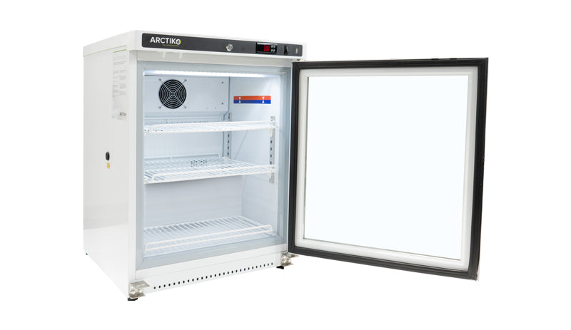 Open View Arctiko PRE 125 US Small Undercounter Refrigerator 109L Glass Door Biomedical Fridge with Data Logger and Precise Temperature Control