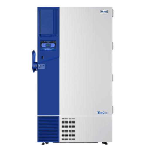 White and Blue Haier Ultra-Low Temperature Freezer for Secure Biological Sample Storage in Medical, Research, and Pharmaceutical Laboratories