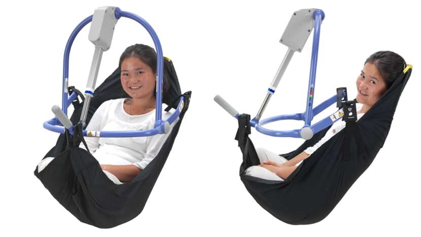 Arjo Amputee Clip In Situ Sling Used By Patient, Two-Angle View