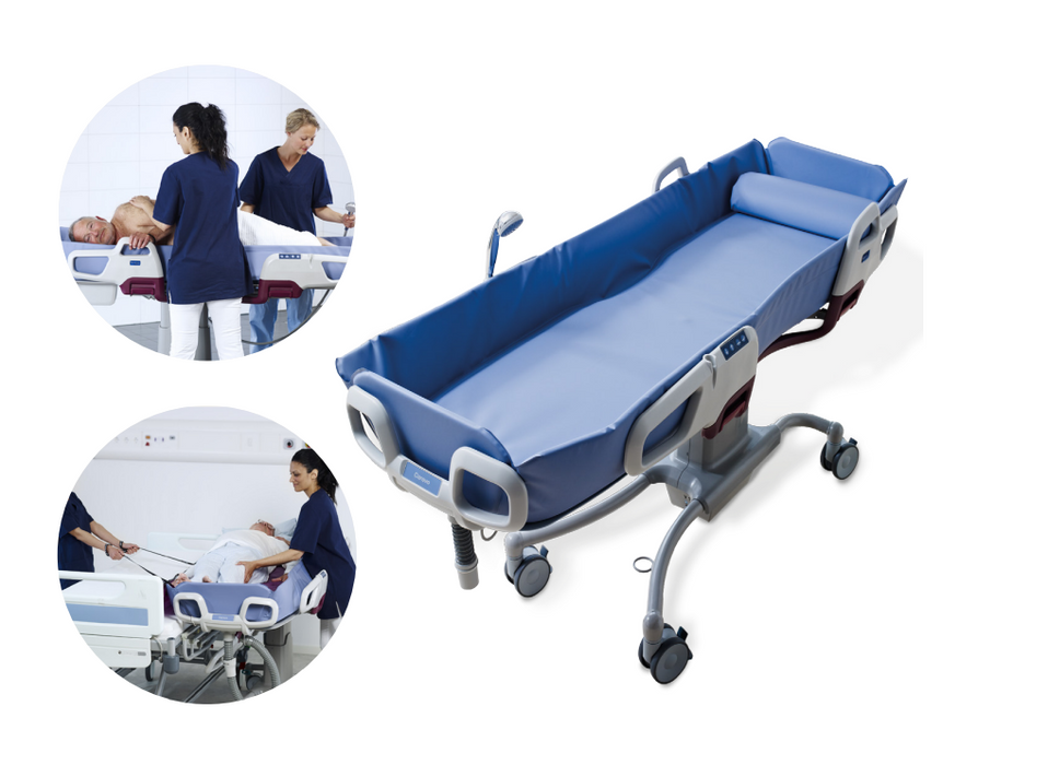 Arjo CAREVO Shower Trolley With Patient Receiving Shower And Patient Being Transferred View