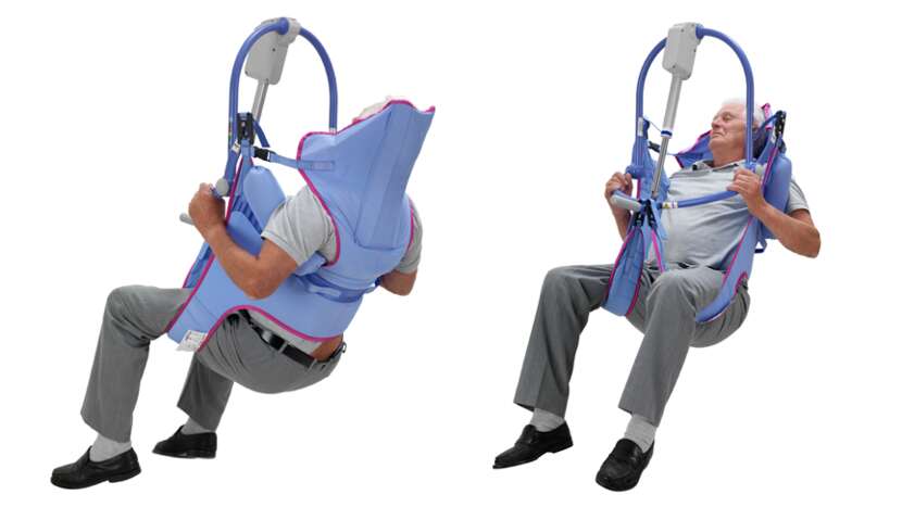 Arjo Clip Toilet Sling with padded legs shown in use by a patient, two angles during transfer.