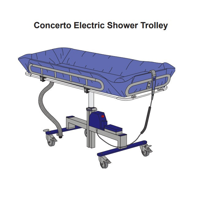 Arjo Concerto And Basic Shower Trolley Electric Model With Battery Pack Integrated Into The Base Frame