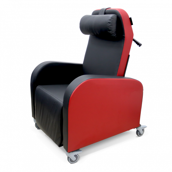 Arjo Dublin Powered Tilt-in-Space Recliner Chair in a Fully Upright Position
