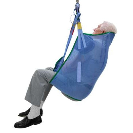 Patient Bathing Transfer Arjo Loop Sling Unpadded Legs Full Side View Showing Proper Fit