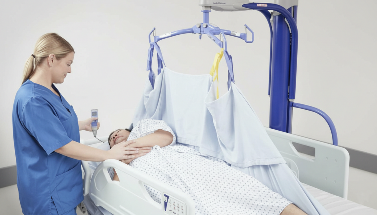 Arjo Maxi Move Patient Lift With Patient And Caregiver Bed Repositioning Transfer View