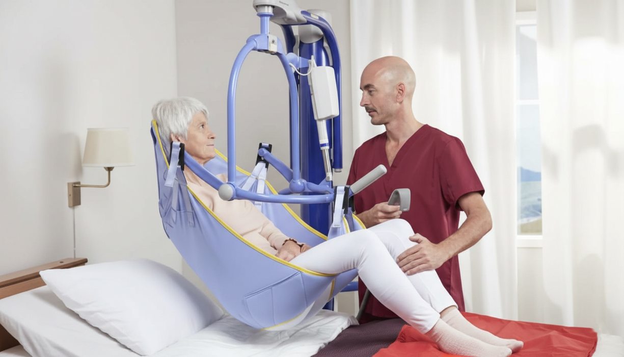 Arjo Maxi Move Patient Lift With Patient And Caregiver Bed Transfer Clip Sling View