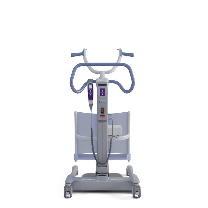 Arjo Sara Flex Sit To Stand Lift Carers Front View With Hand Control Showing Ease Of Use