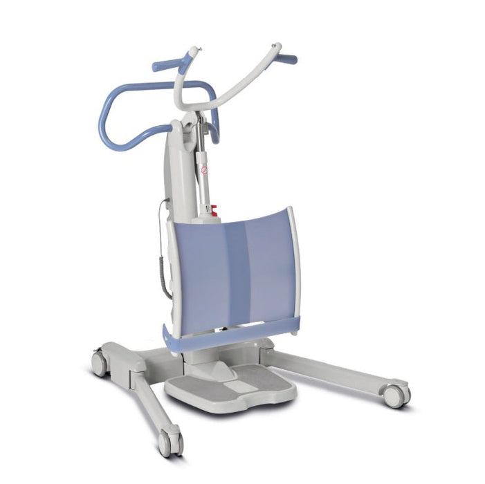 Arjo Sara Flex Sit to Stand Lift With Knee Pads Foot Plate And Handle Bar View