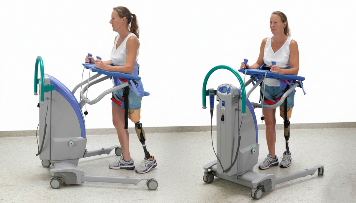 Arjo Sara Plus Walking Sling In Use By A Patient During Assisted Walking Therapy
