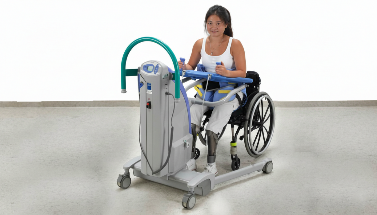 Arjo Sara Plus Walking And Mobility Sling In Use By A Patient Seated In A Wheelchair