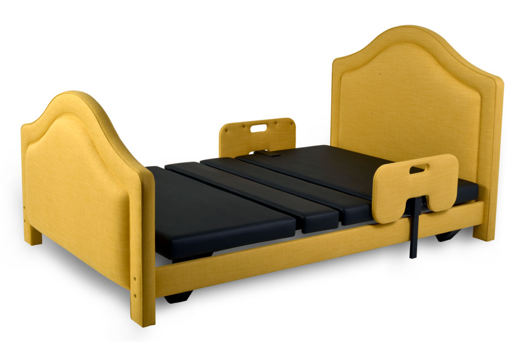 Assured Comfort Hi Low Adjustable Bed Signature Series Butter Camelback Upholstery Low Height Fully Flat Articulation View