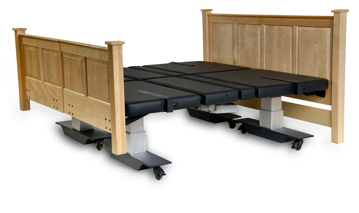 Assured Comfort Mobile Series Split King Bed In Maple With Raised Panel Headboard And Footboard, Shown In Fully Flat Articulation At Lowest Height View.