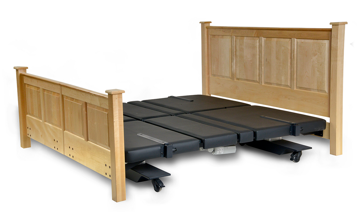 Assured Comfort Mobile Series Split King Adjustable Bed In Maple Finish With Raised Panel Headboard And Footboard, Showing One Side With Head Raised And The Other Side Fully Flat View.