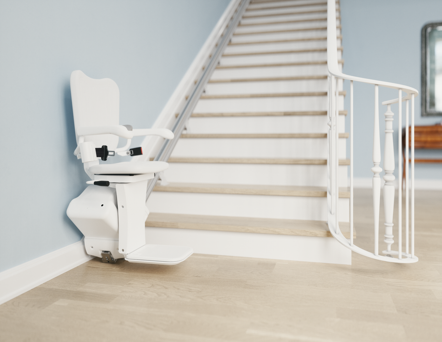 Atlas Liberty Straight Stairlift Installed On The Right Side Of A Staircase Viewed From The Bottom