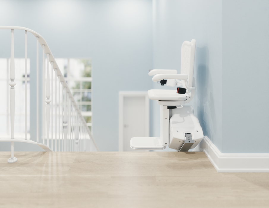Atlas Liberty Straight Stairlift Installed On The Right Side Of A Staircase Top Side View