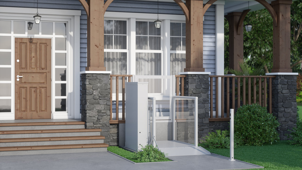 Atlas Mini Vista Vertical Platform Lift Installed At Front Porch Of Residential Home