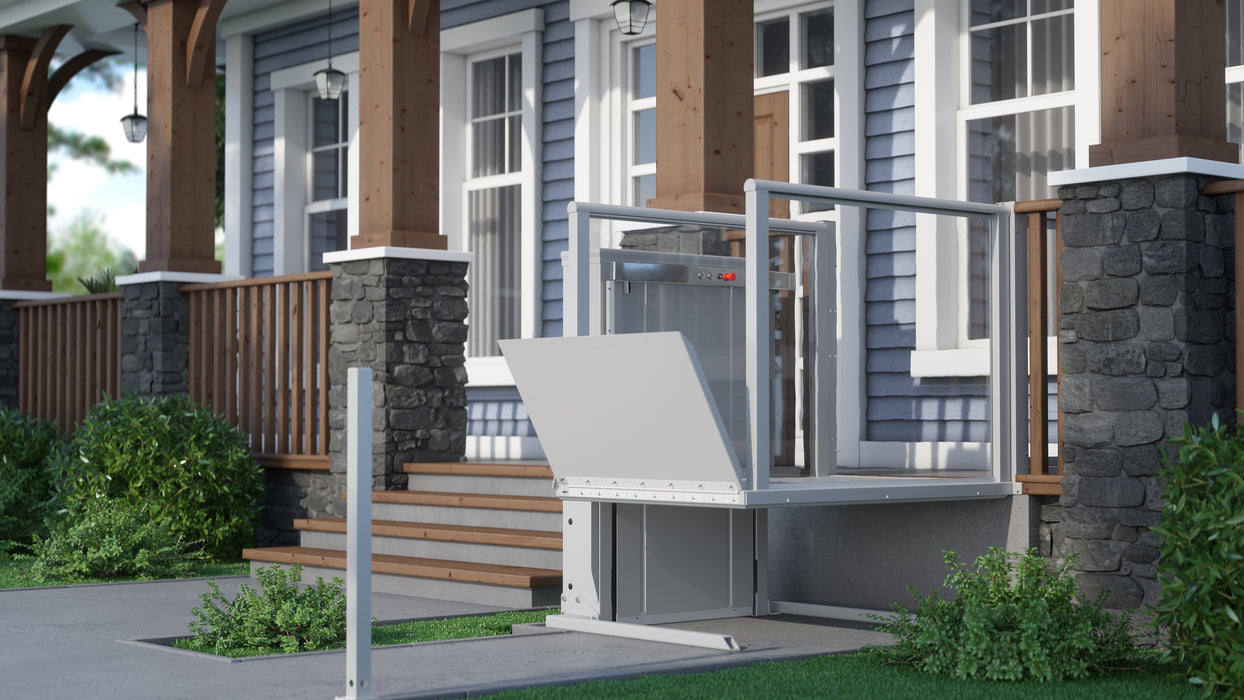 Atlas Mini Vista Vertical Platform Lift Showing Ramp And Platform From Front Left Side View