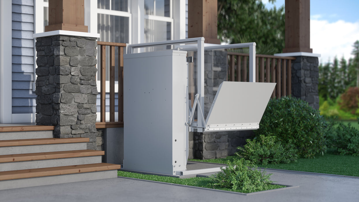 Atlas Mini Vista Vertical Platform Lift Showing Ramp And Platform From Front Right Side View