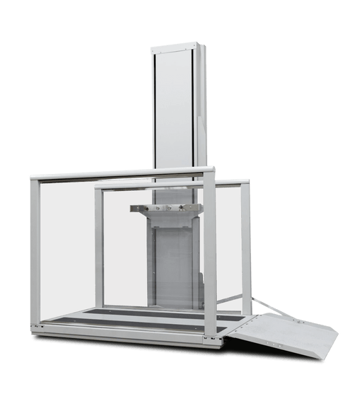 Atlas Nano Vertical Platform Lift Enclosed With Modern Glass Panels And Equipped With A Front-entry Access Ramp.