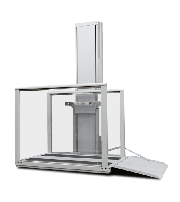 Atlas Nano Vertical Platform Lift Enclosed With Modern Glass Panels And Equipped With A Front-entry Access Ramp.