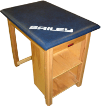 Brown and Blue Bailey 36" Wood Taping Table with Open-End Shelf Storage Compact Athletic Taping Station for Sports Facilities and Trainers 