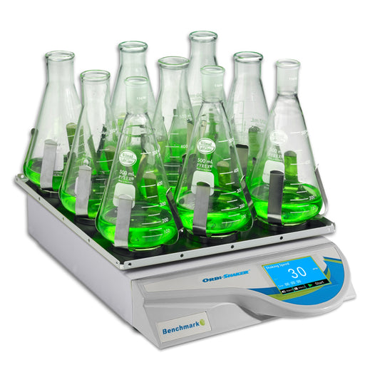 Benchmark Scientific BT3001 Orbi Shaker With Touch Screen Display And Rubber Mat Platform 13x12 With Conical Flask View