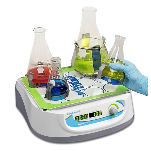 Benchmark Scientific BT302 Orbi Shaker Jr With Rubber Mat Platform With Conical Flask View