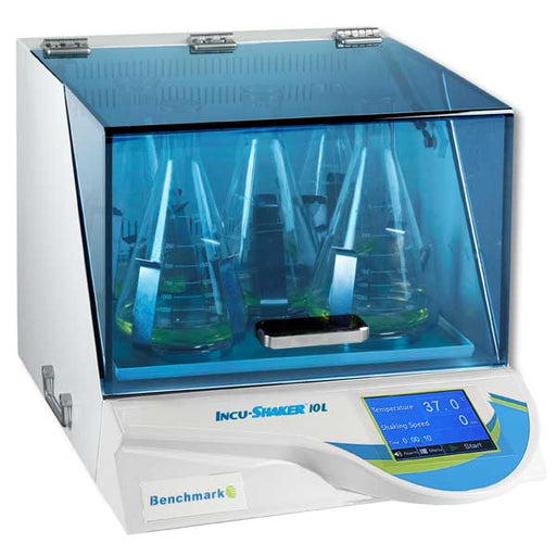 Benchmark Scientific H2010 Incu-Shaker 10L With Non-Slip Rubber Mat With Conical Flask Inside View
