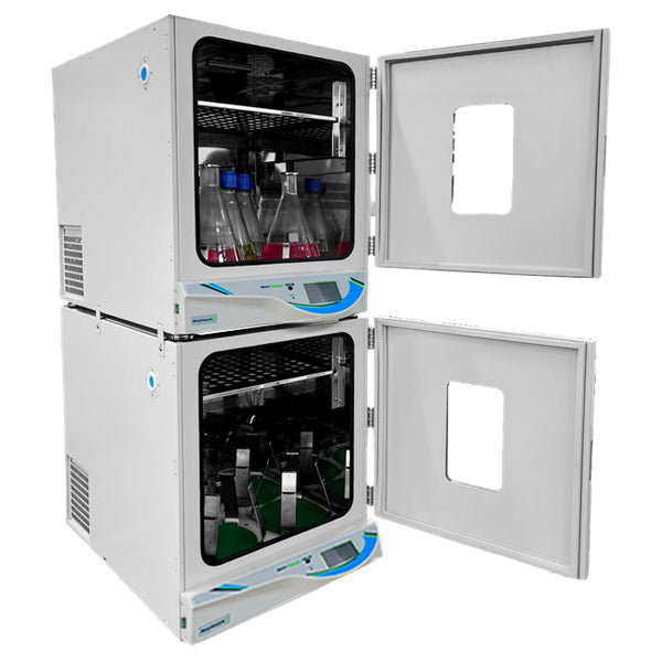 Benchmark Scientific H3022 Incu Shaker 20LR Refrigerated With Laboratory Glassware And Flask Clamps Inside Open Door View