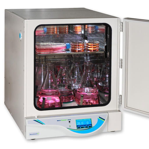 Benchmark Scientific H3022 Incu Shaker 20LR Refrigerated With Laboratory Glassware Open Door View