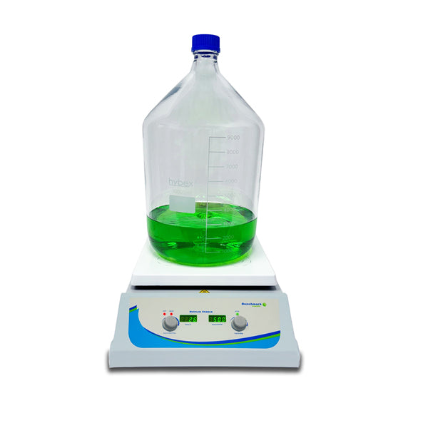 Benchmark Scientific HS 10 Plus Multi Functional Hotplate Stirrer With 1 Large Bottle And Control Panel Front View
