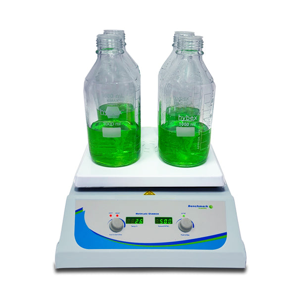 Benchmark Scientific HS 10 Plus Multi Functional Hotplate Stirrer With 4 Bottles And Control Panel Front View